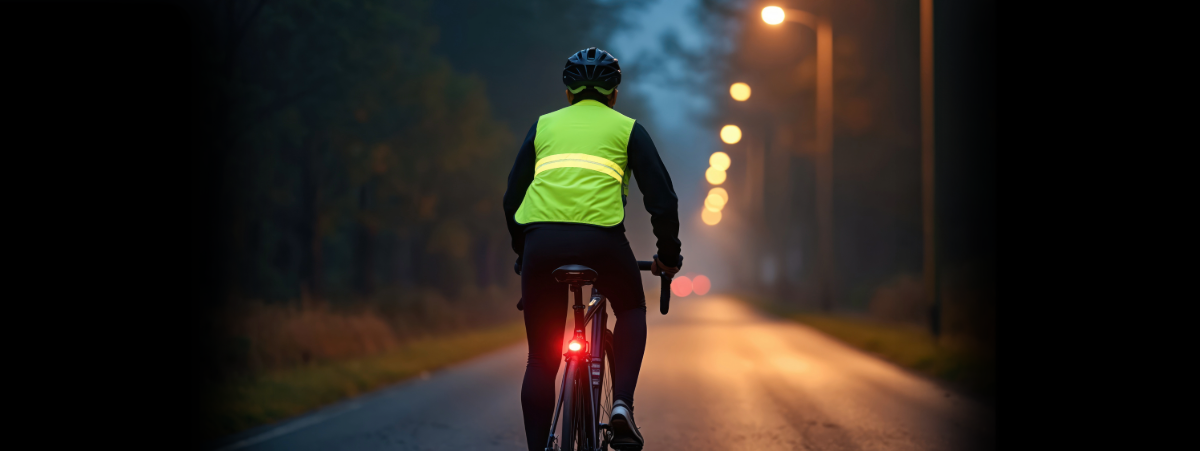 Night cyclist rides along road wearing reflective safety vest. Back view of cyclist illuminated by street lights.