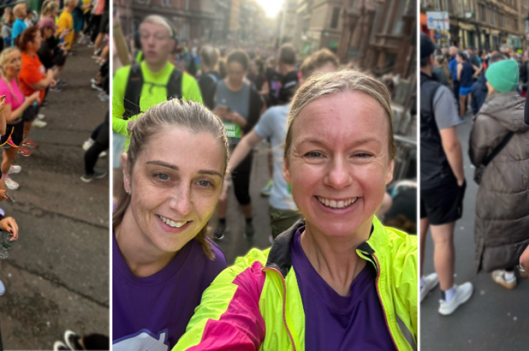 Three pictures of runners at the start line of the Great Scottish Run